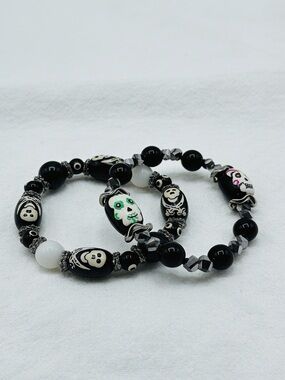 Skull Stretch Bracelet Set | Sugar Skull Beaded Bracelets | Gothic Jewelry